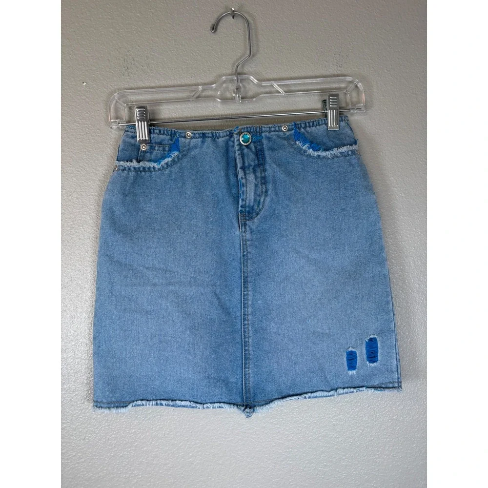Route 66 Girls Y2K Denim Mini Skirt Blue Distressed Raw Hem Size 8